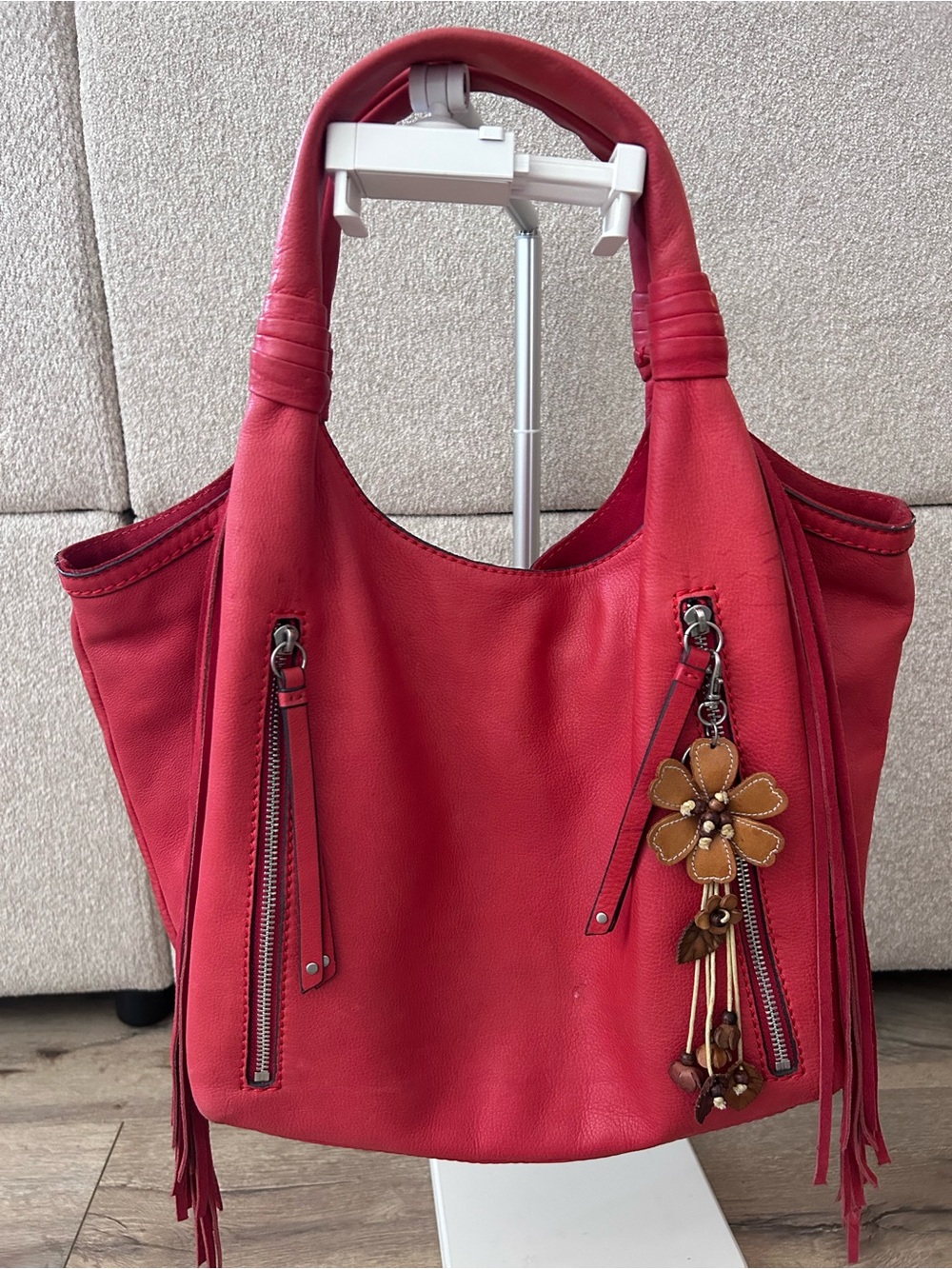 Lucky Brand Red Leather Fringe Hobo Bag
